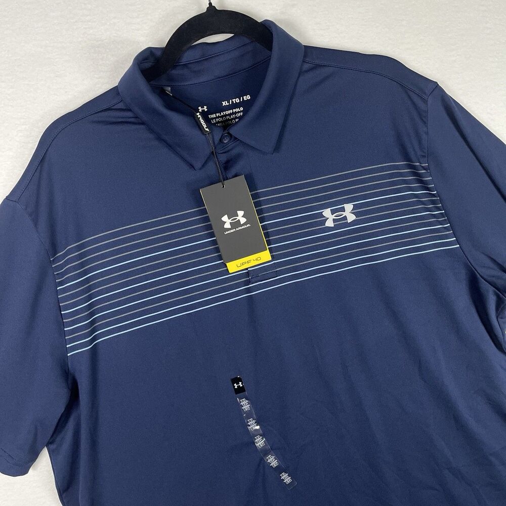 Under Armour Playoff Mens XL Navy Blue Striped Golf Polo Shirt NWT 1366645